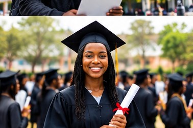 Black graduate holding a certificate at a graduation ceremony
