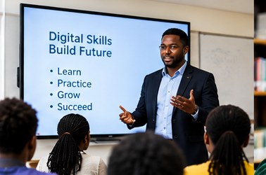 Black instructor teaching adult learners in a professional classroom