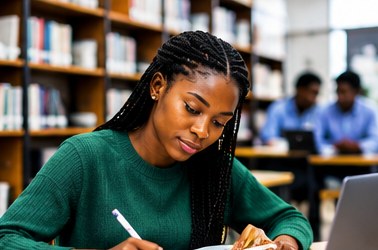Black learner studying with books and a laptop in a library