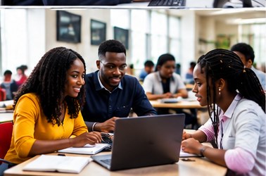 Black learners collaborating around a laptop and notebooks