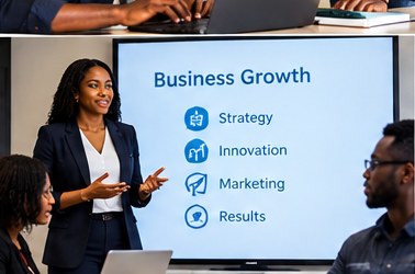 Black business professional presenting a business growth strategy