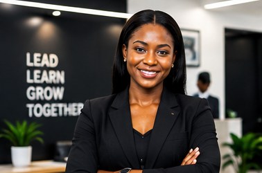 Black business professional leading in a modern office