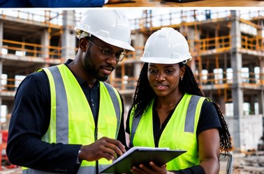 Black HSE professionals reviewing safety plans at a construction site