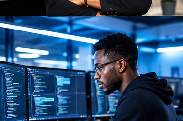 Black software professional coding at multiple monitors